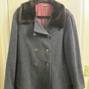 Vintage Benetton Wool Coat w/ Faux Fur Collar — Double Breasted Gray